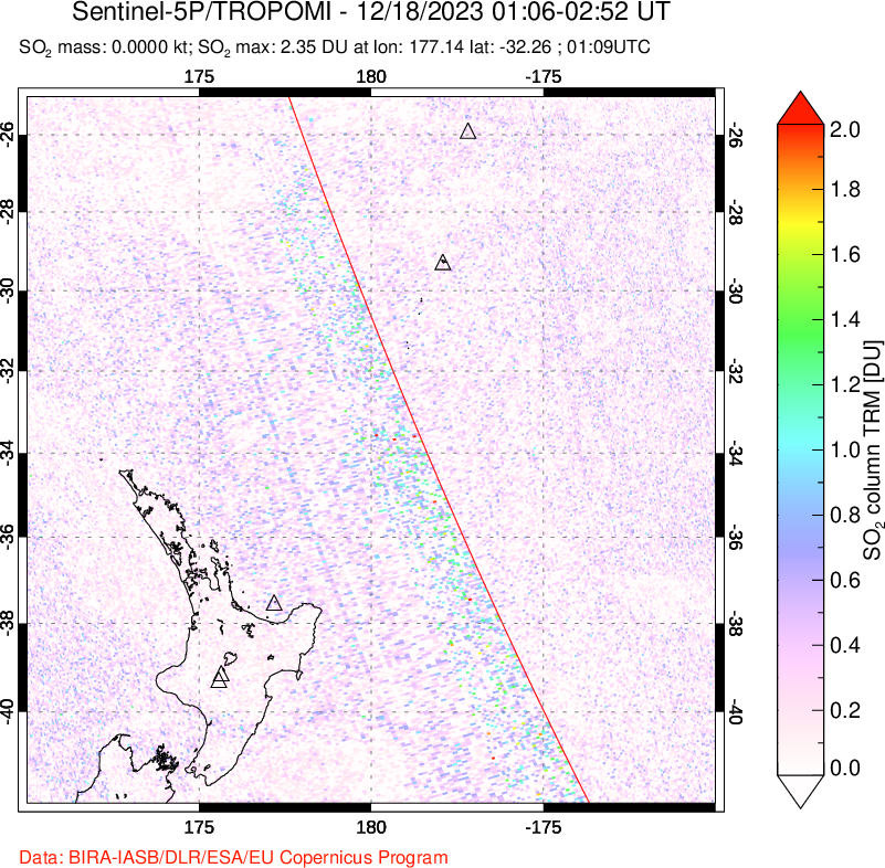 A sulfur dioxide image over New Zealand on Dec 18, 2023.