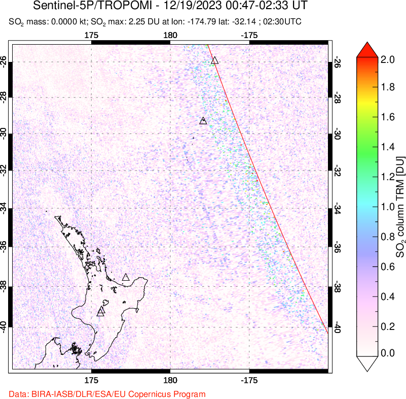 A sulfur dioxide image over New Zealand on Dec 19, 2023.