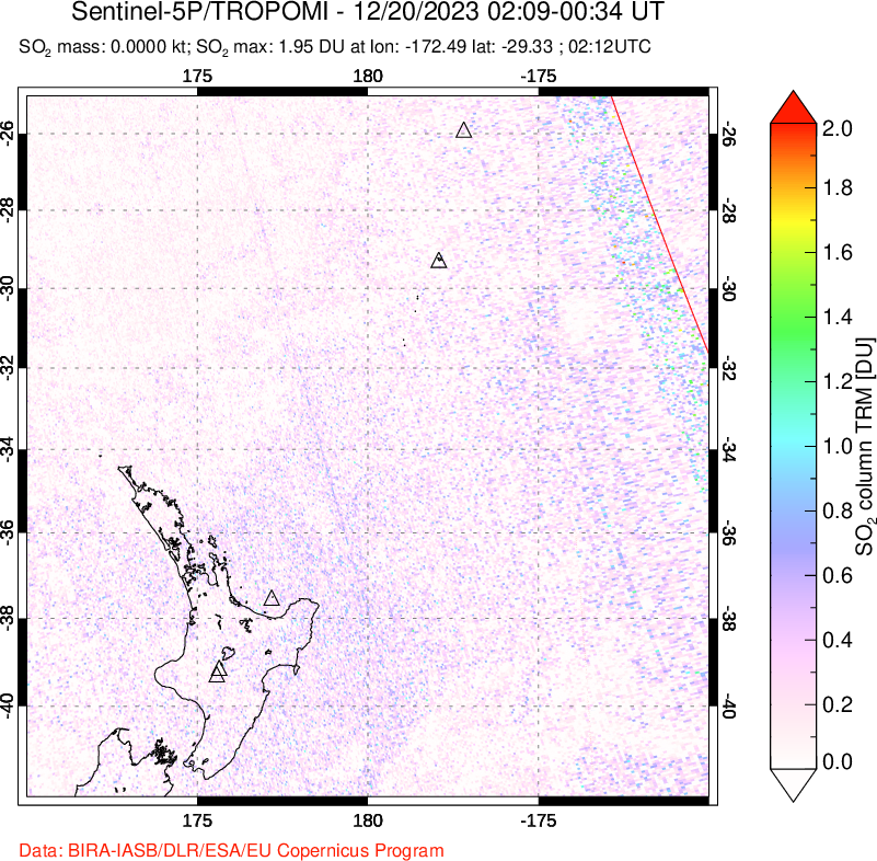 A sulfur dioxide image over New Zealand on Dec 20, 2023.