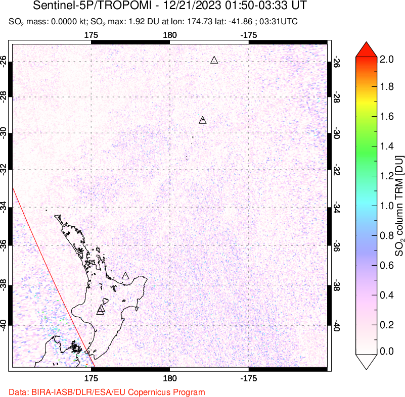 A sulfur dioxide image over New Zealand on Dec 21, 2023.