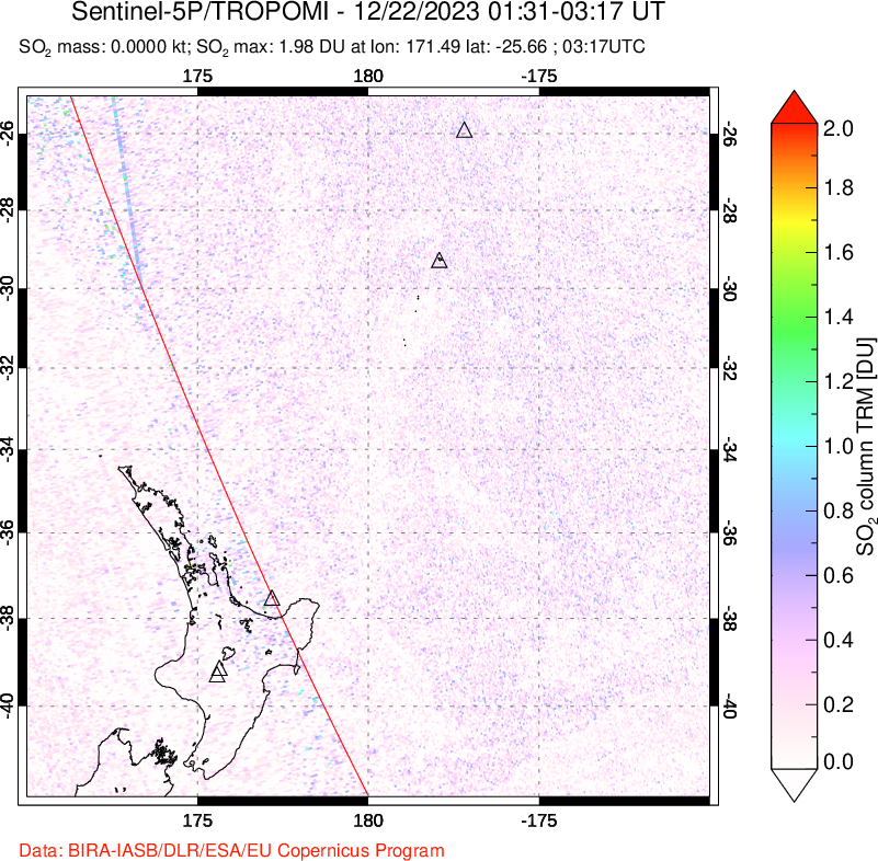 A sulfur dioxide image over New Zealand on Dec 22, 2023.