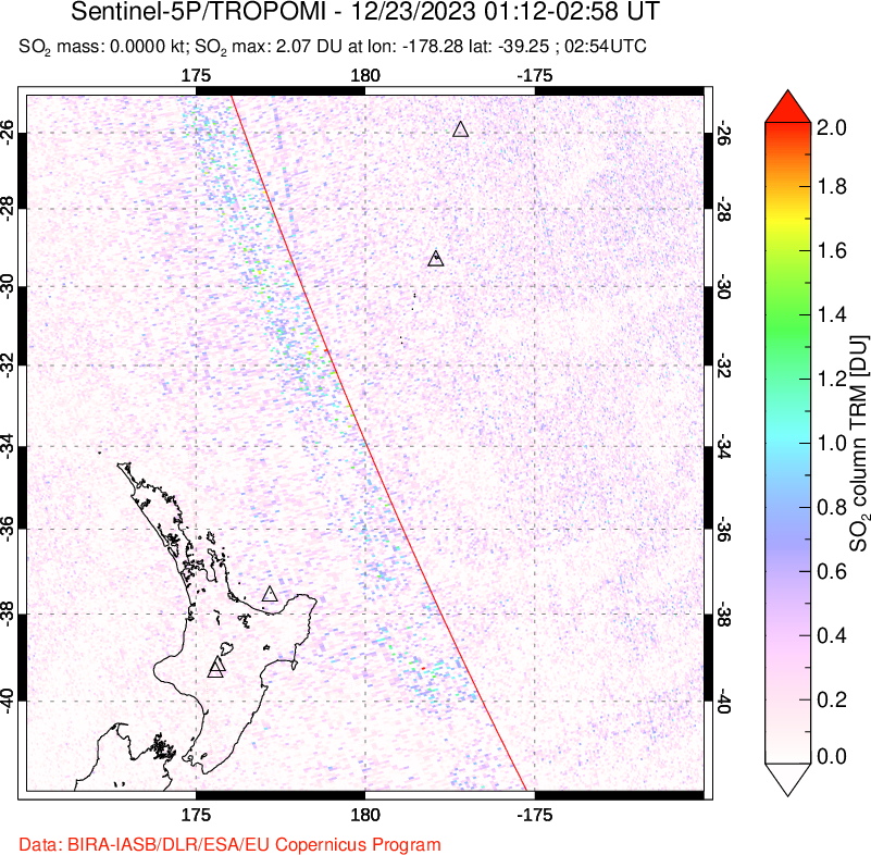 A sulfur dioxide image over New Zealand on Dec 23, 2023.