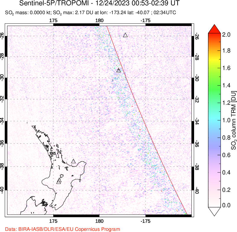 A sulfur dioxide image over New Zealand on Dec 24, 2023.