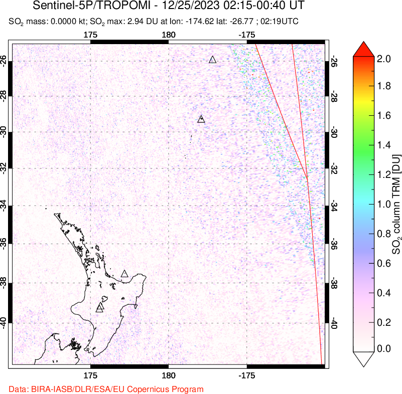 A sulfur dioxide image over New Zealand on Dec 25, 2023.