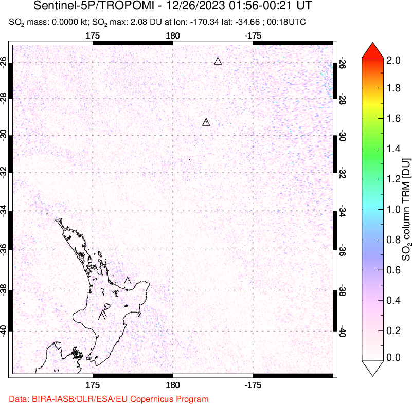 A sulfur dioxide image over New Zealand on Dec 26, 2023.