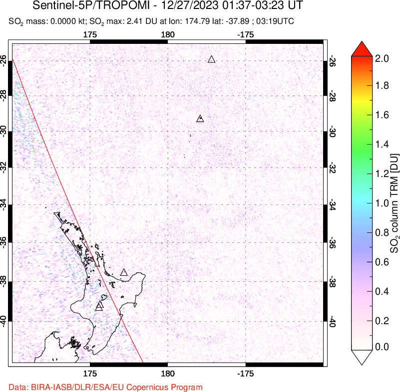 A sulfur dioxide image over New Zealand on Dec 27, 2023.