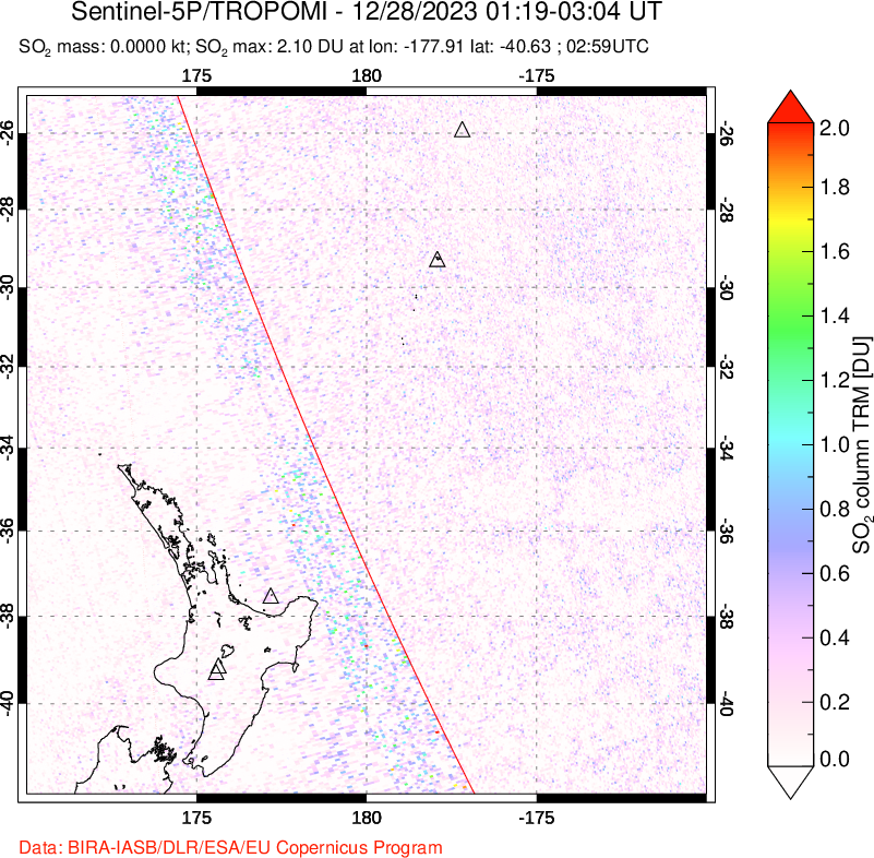 A sulfur dioxide image over New Zealand on Dec 28, 2023.