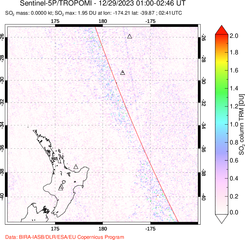 A sulfur dioxide image over New Zealand on Dec 29, 2023.