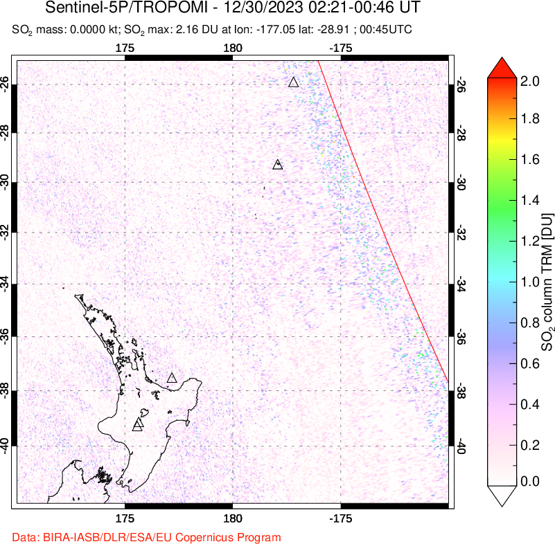 A sulfur dioxide image over New Zealand on Dec 30, 2023.