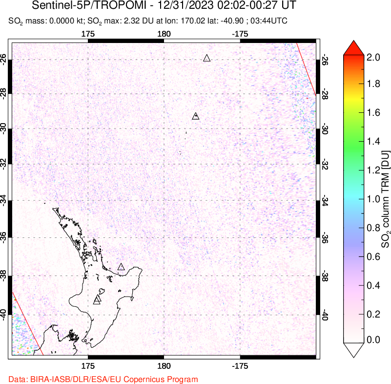 A sulfur dioxide image over New Zealand on Dec 31, 2023.