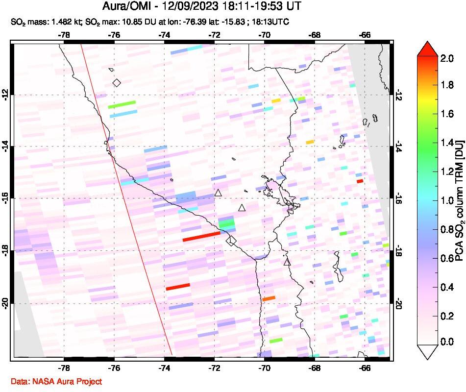 A sulfur dioxide image over Peru on Dec 09, 2023.