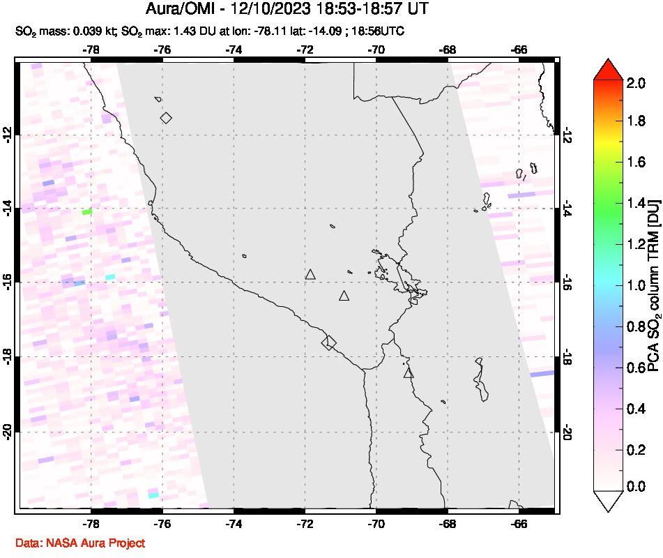A sulfur dioxide image over Peru on Dec 10, 2023.
