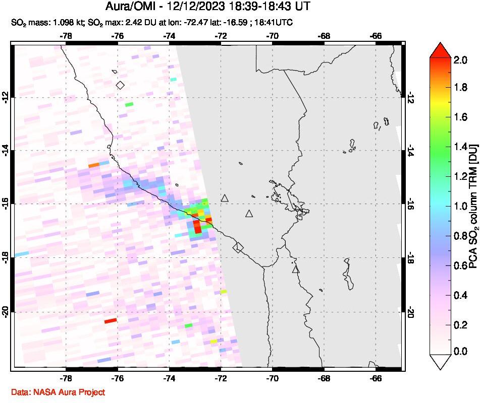 A sulfur dioxide image over Peru on Dec 12, 2023.