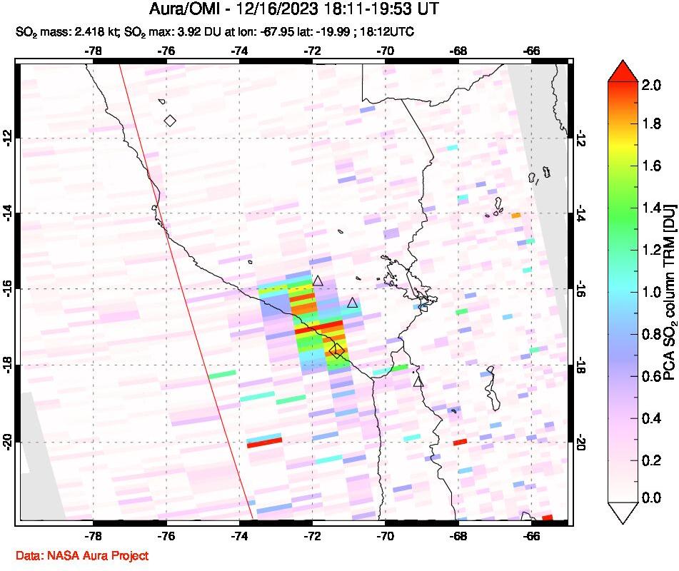 A sulfur dioxide image over Peru on Dec 16, 2023.