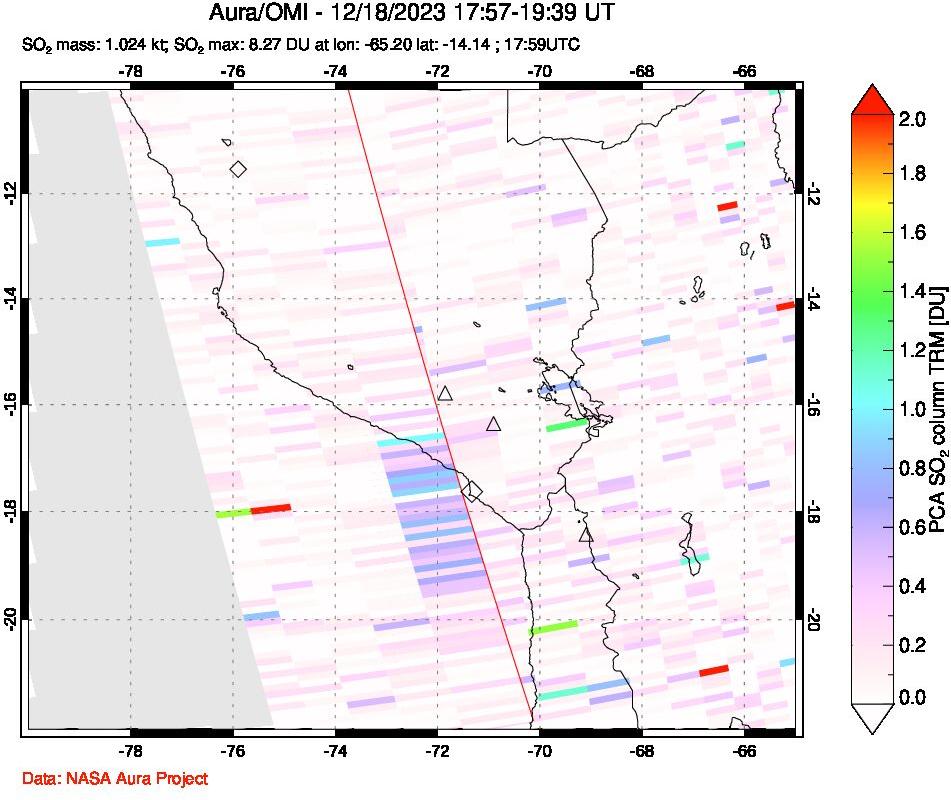A sulfur dioxide image over Peru on Dec 18, 2023.
