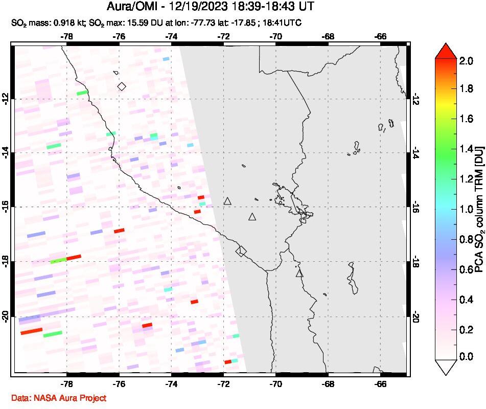 A sulfur dioxide image over Peru on Dec 19, 2023.