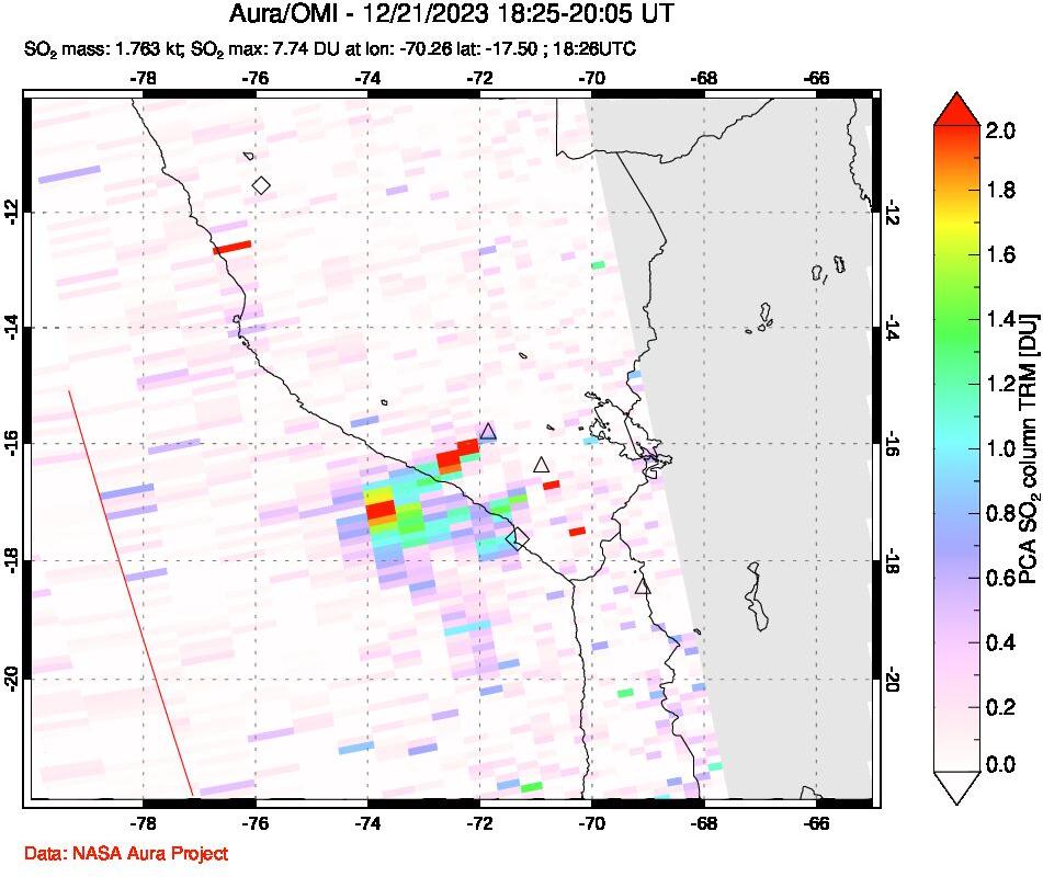 A sulfur dioxide image over Peru on Dec 21, 2023.