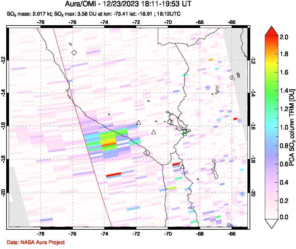 A sulfur dioxide image over Peru on Dec 23, 2023.