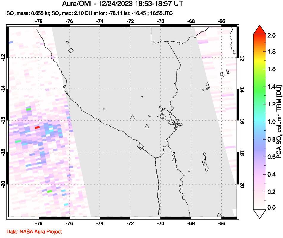 A sulfur dioxide image over Peru on Dec 24, 2023.