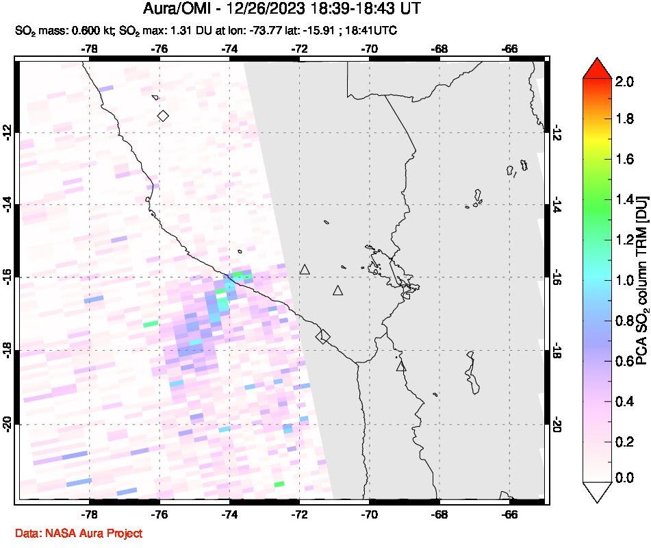 A sulfur dioxide image over Peru on Dec 26, 2023.