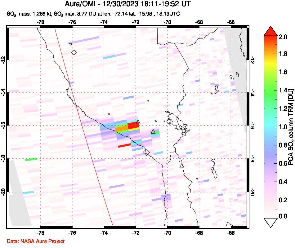 A sulfur dioxide image over Peru on Dec 30, 2023.