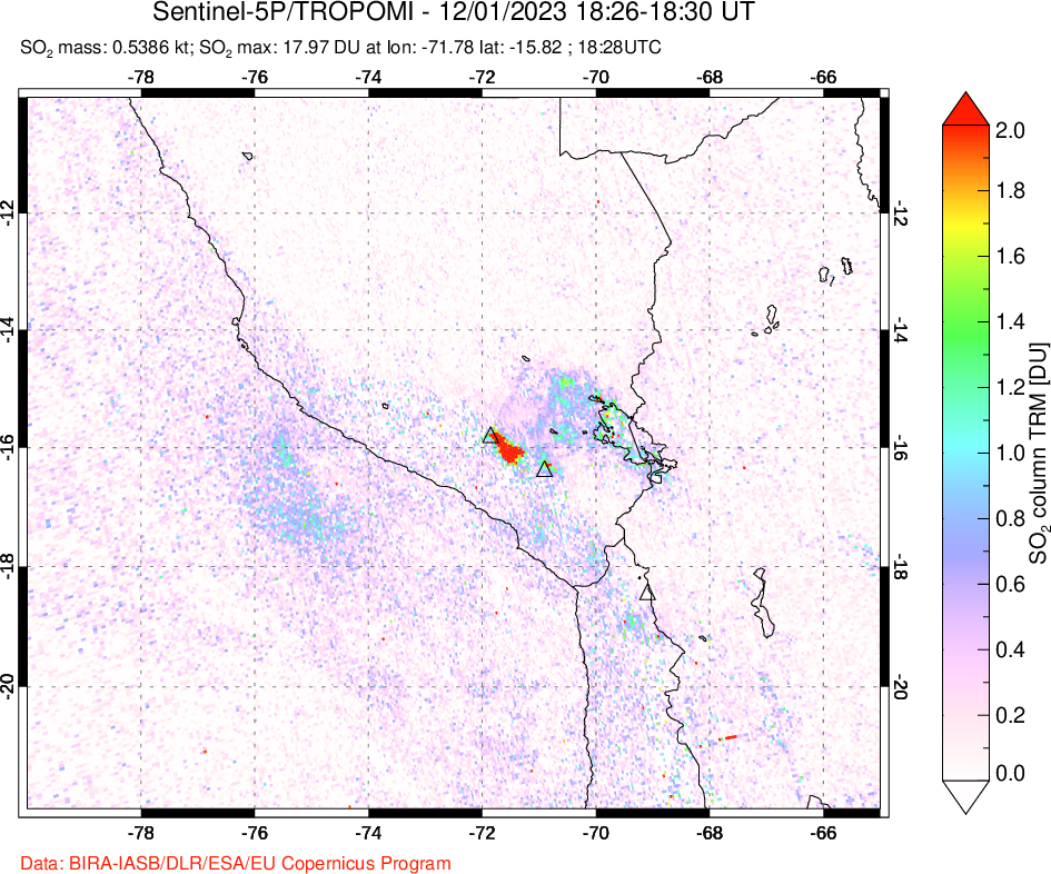 A sulfur dioxide image over Peru on Dec 01, 2023.