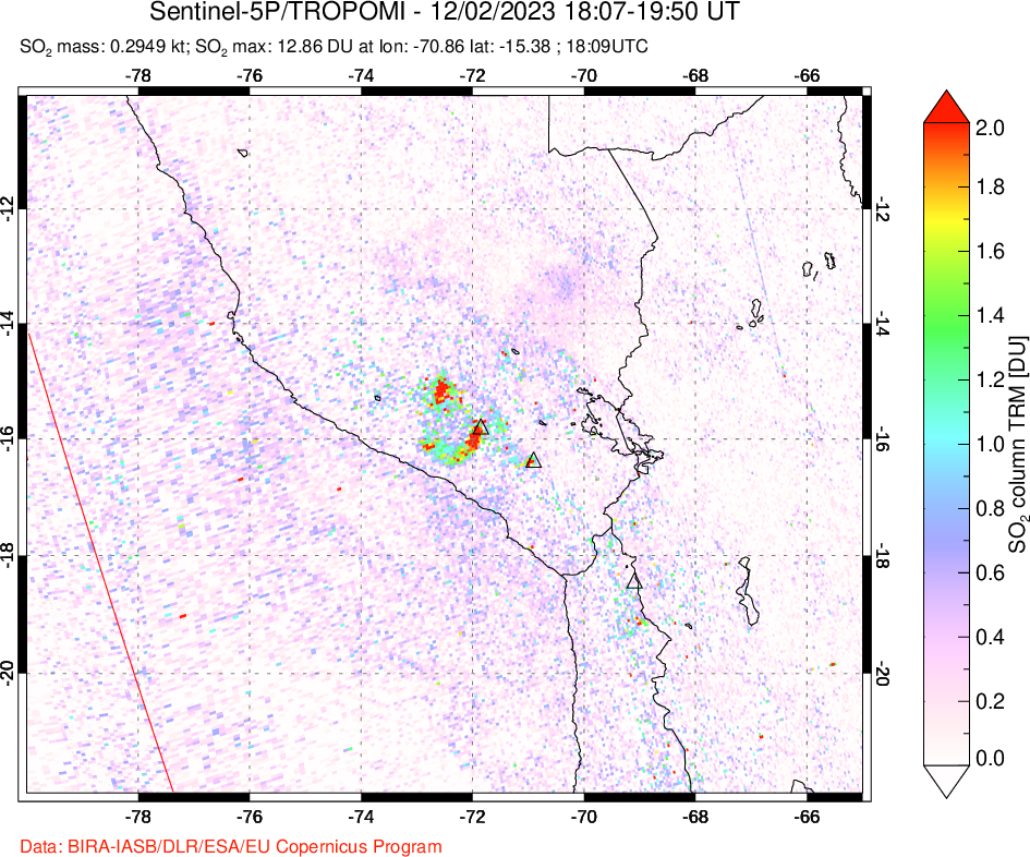 A sulfur dioxide image over Peru on Dec 02, 2023.