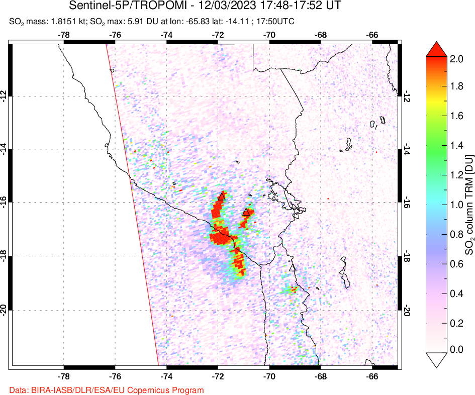 A sulfur dioxide image over Peru on Dec 03, 2023.