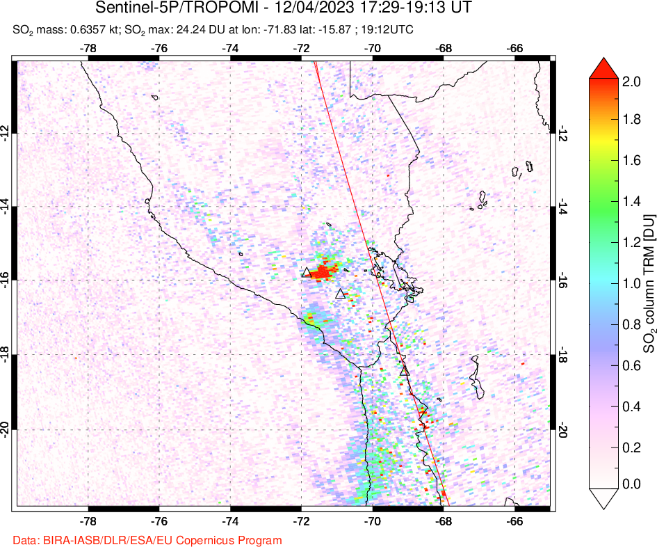 A sulfur dioxide image over Peru on Dec 04, 2023.