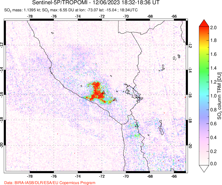 A sulfur dioxide image over Peru on Dec 06, 2023.