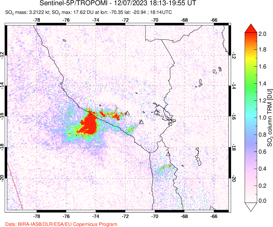 A sulfur dioxide image over Peru on Dec 07, 2023.