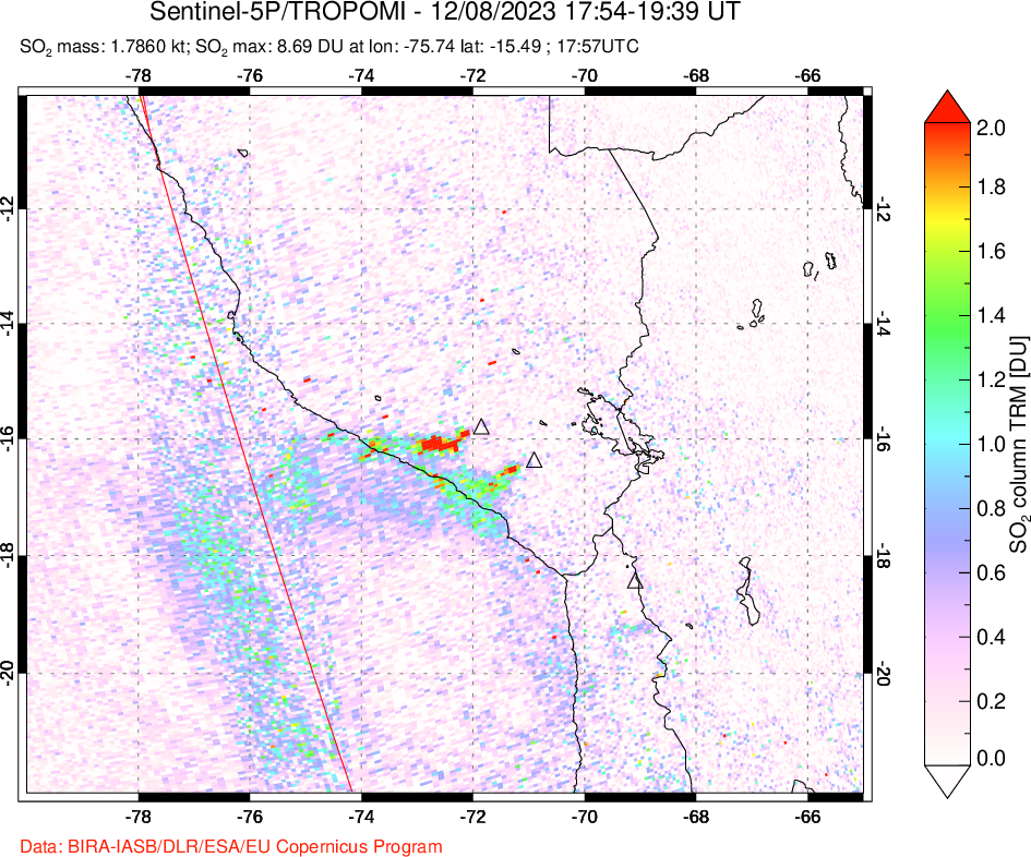 A sulfur dioxide image over Peru on Dec 08, 2023.