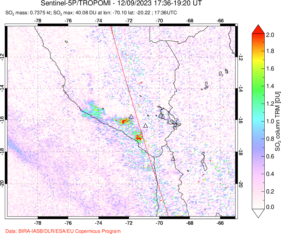 A sulfur dioxide image over Peru on Dec 09, 2023.