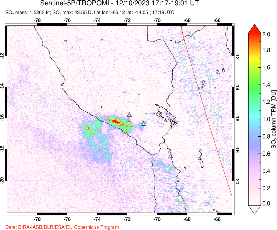 A sulfur dioxide image over Peru on Dec 10, 2023.