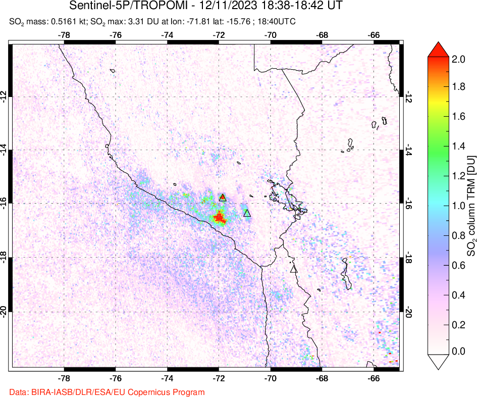 A sulfur dioxide image over Peru on Dec 11, 2023.