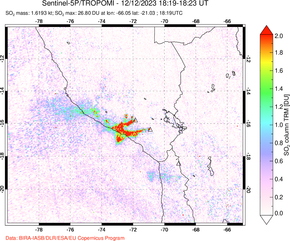 A sulfur dioxide image over Peru on Dec 12, 2023.