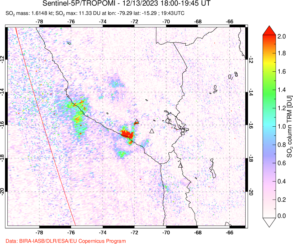 A sulfur dioxide image over Peru on Dec 13, 2023.