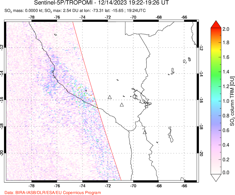 A sulfur dioxide image over Peru on Dec 14, 2023.