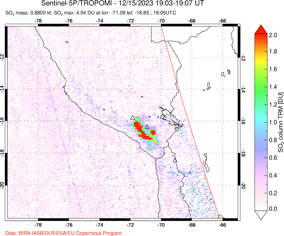 A sulfur dioxide image over Peru on Dec 15, 2023.