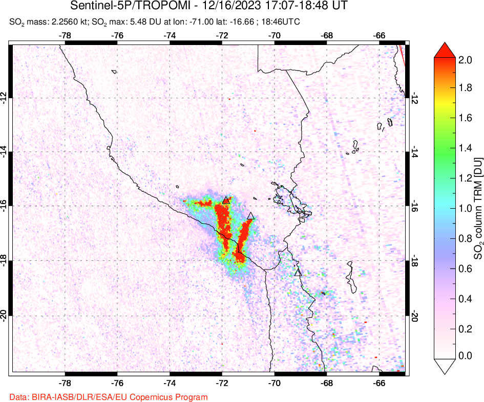 A sulfur dioxide image over Peru on Dec 16, 2023.