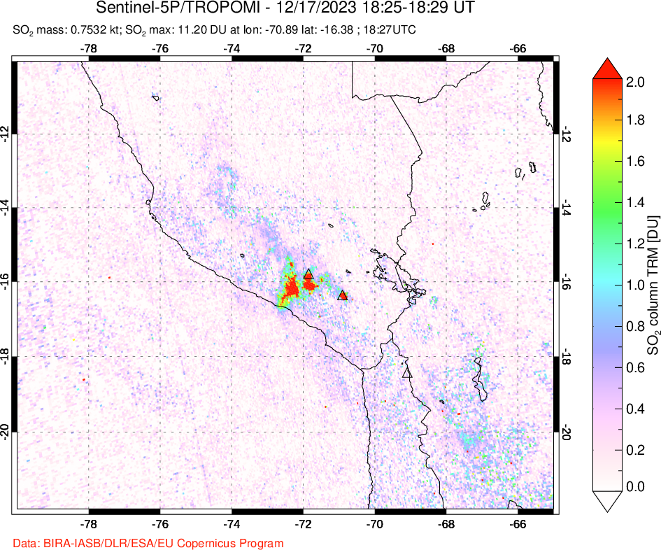 A sulfur dioxide image over Peru on Dec 17, 2023.