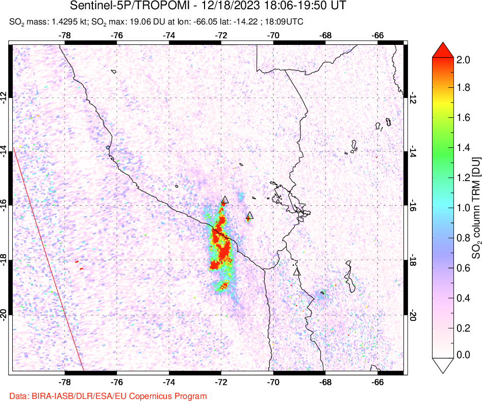 A sulfur dioxide image over Peru on Dec 18, 2023.