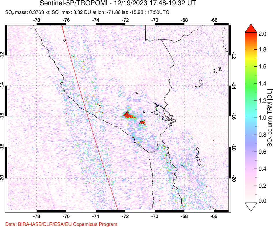 A sulfur dioxide image over Peru on Dec 19, 2023.