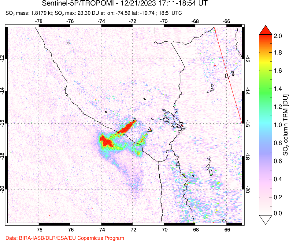 A sulfur dioxide image over Peru on Dec 21, 2023.