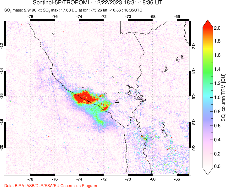 A sulfur dioxide image over Peru on Dec 22, 2023.