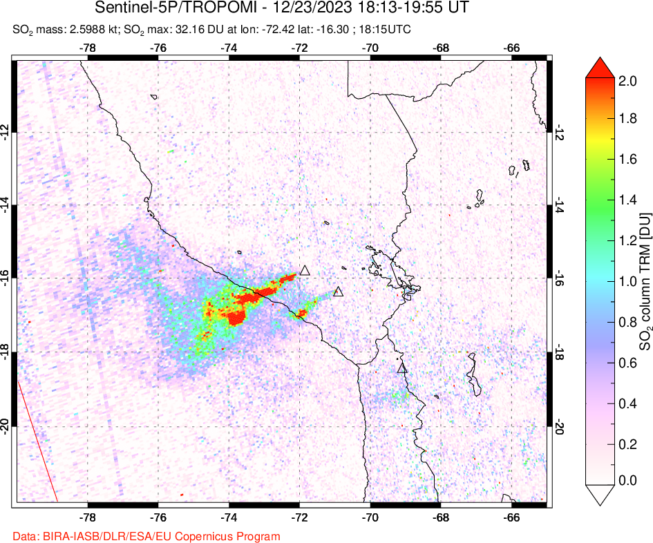 A sulfur dioxide image over Peru on Dec 23, 2023.