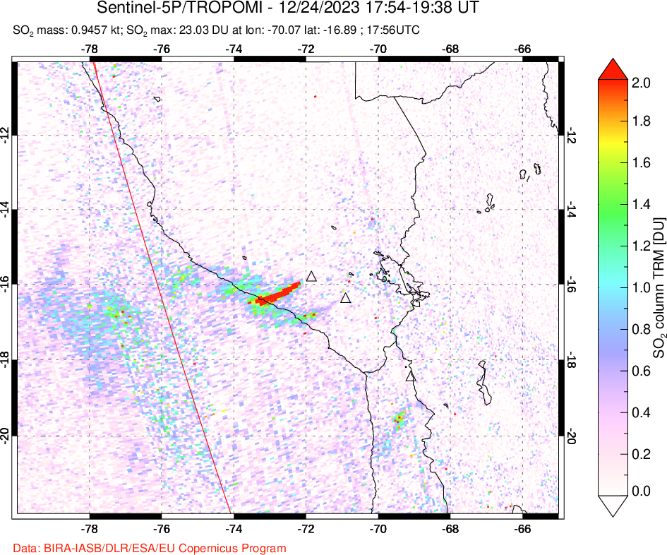 A sulfur dioxide image over Peru on Dec 24, 2023.