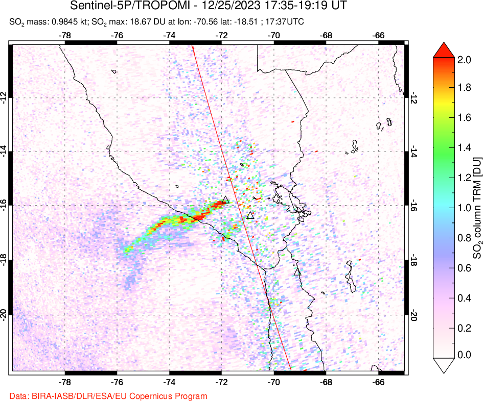 A sulfur dioxide image over Peru on Dec 25, 2023.