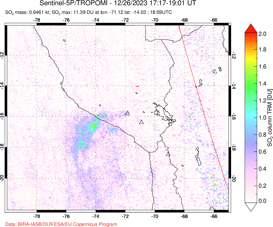 A sulfur dioxide image over Peru on Dec 26, 2023.