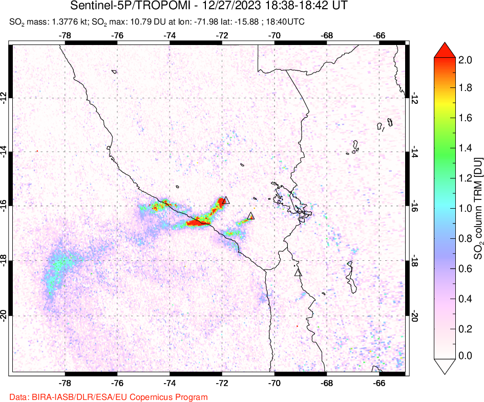 A sulfur dioxide image over Peru on Dec 27, 2023.